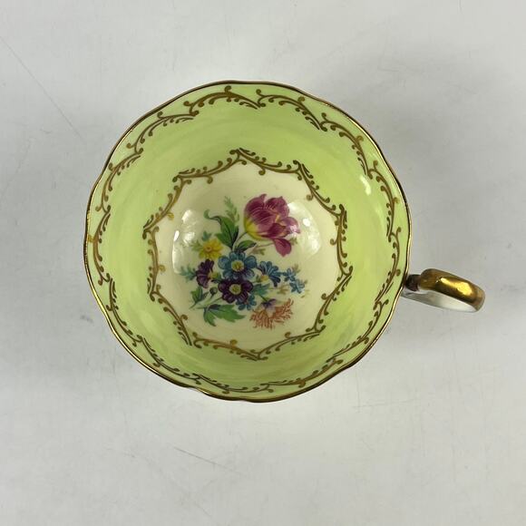 Aynsley England Bone China Teacup Saucer Set Green Gold Floral Pattern 7905 - Picture 6 of 15